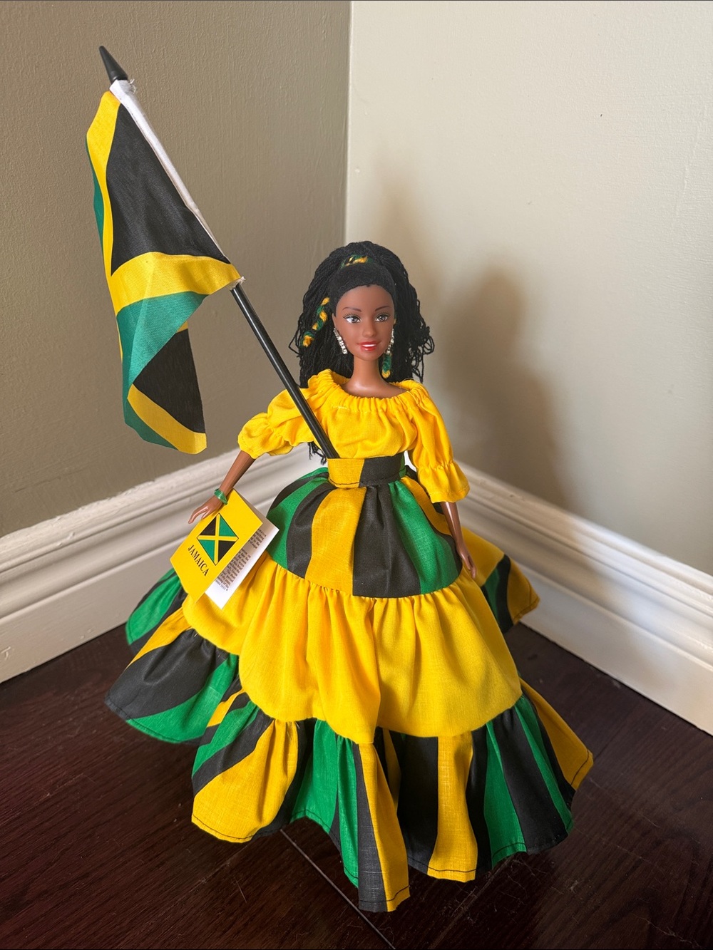 Barbie Doll in Yellow, Green & Black Jamaican Dress